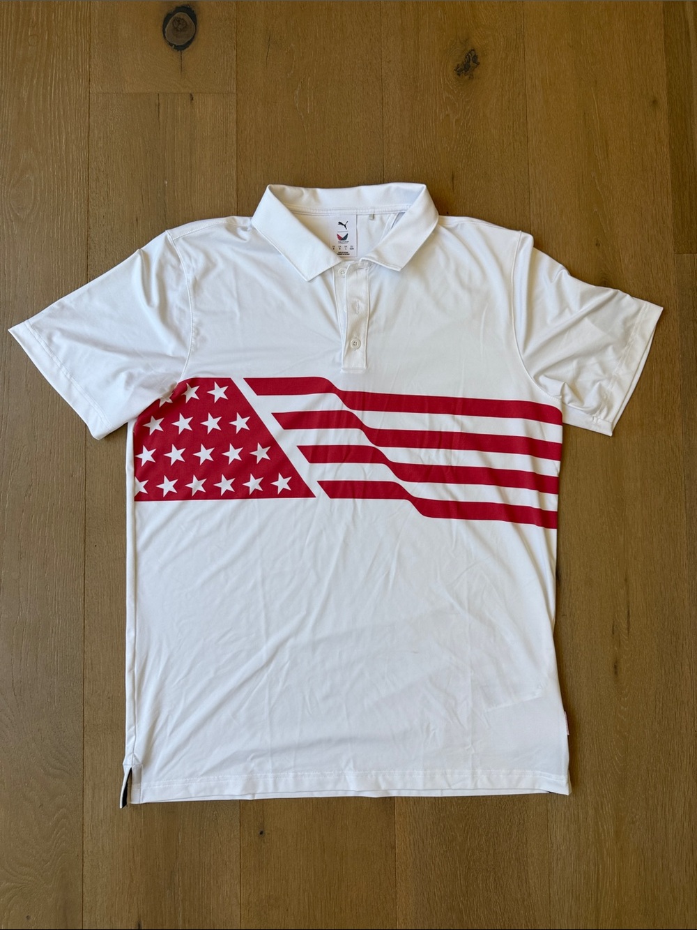 Puma White Polo with Red Flag Stripe Graphic, Size M